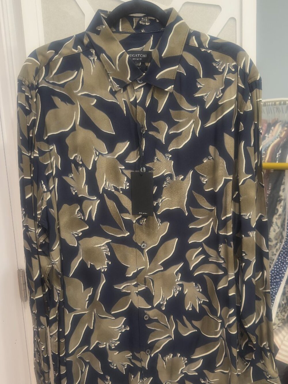 NWT Bugatchi Shaped Fit Olive Floral Leaf Print Ecovero Long Sleeve (XL)